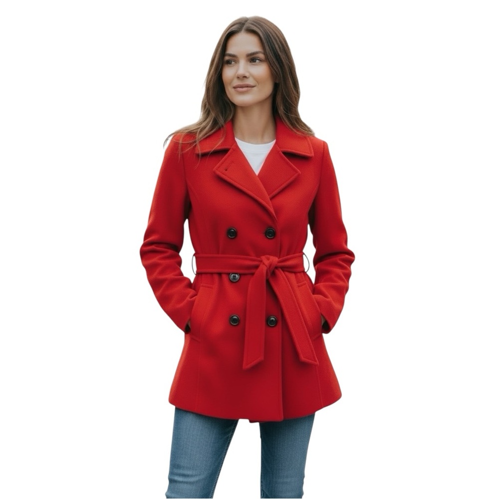 Red Double Breasted Peacoat Womens Size L Classic Winter Coat